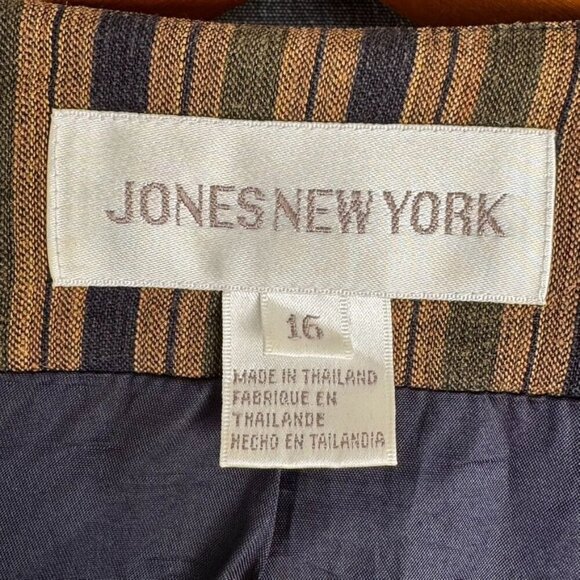 90s Vintage 90s Jones New York Linen Blend Tan Blue Green Strip Collarless Blaze - Picture 8 of 10